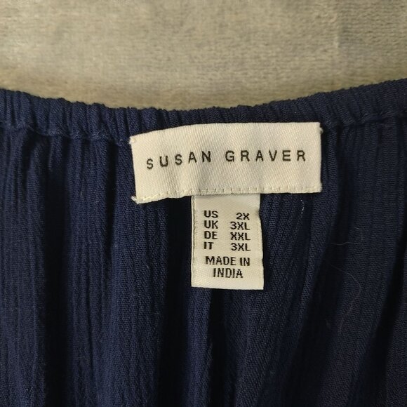 Susan Graver Women’s Embroidered Tunic Top‎ 2X Navy Boho Rayon Peasant Blouse - Picture 2 of 10